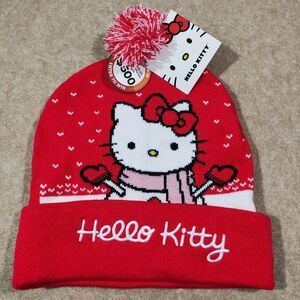 Hello Kitty Adult Red and White Knit Pom Beanie Hat -O